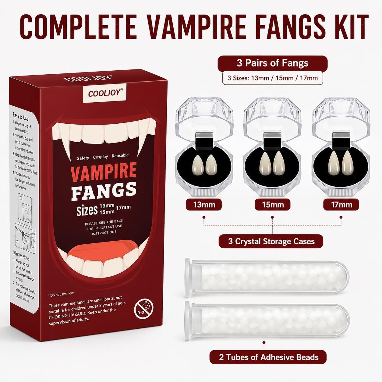 Realistic Vampire Fangs with 3 Sizes and Adhesive – Ideal for Halloween Parties