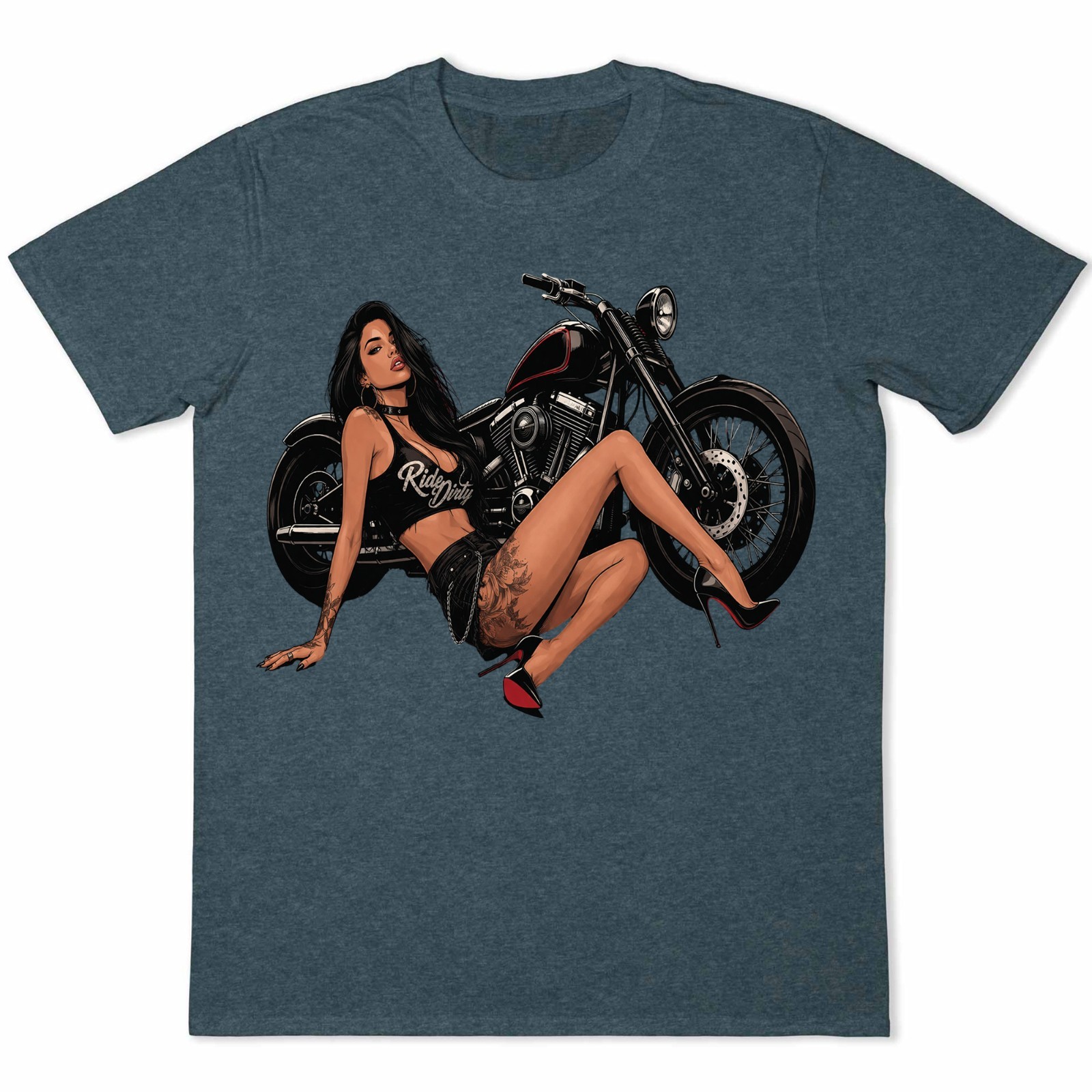 Ride Dirty Pinup Girl Biker T-Shirt Motorcycle Tattoo Babe Graphic Tee .