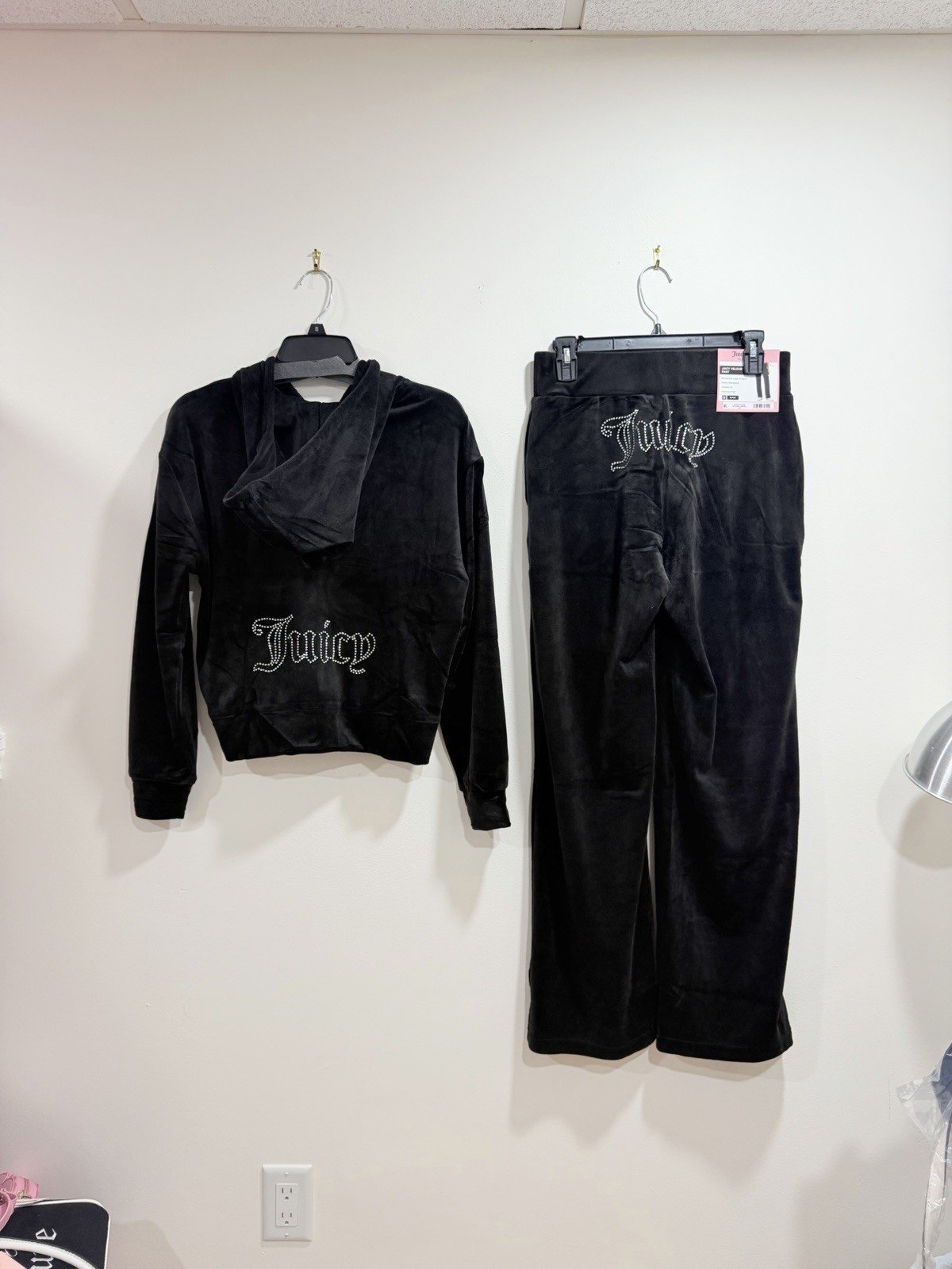 NWT Juicy Couture Velour Tracksuit Set Black Rhinestone Logo Size S