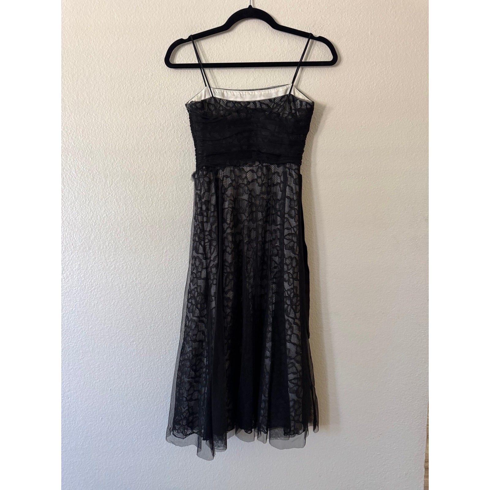 Laundry By Shelli Segal Floral Lace Mesh Overlay Dress 2 Black Spaghetti Strap