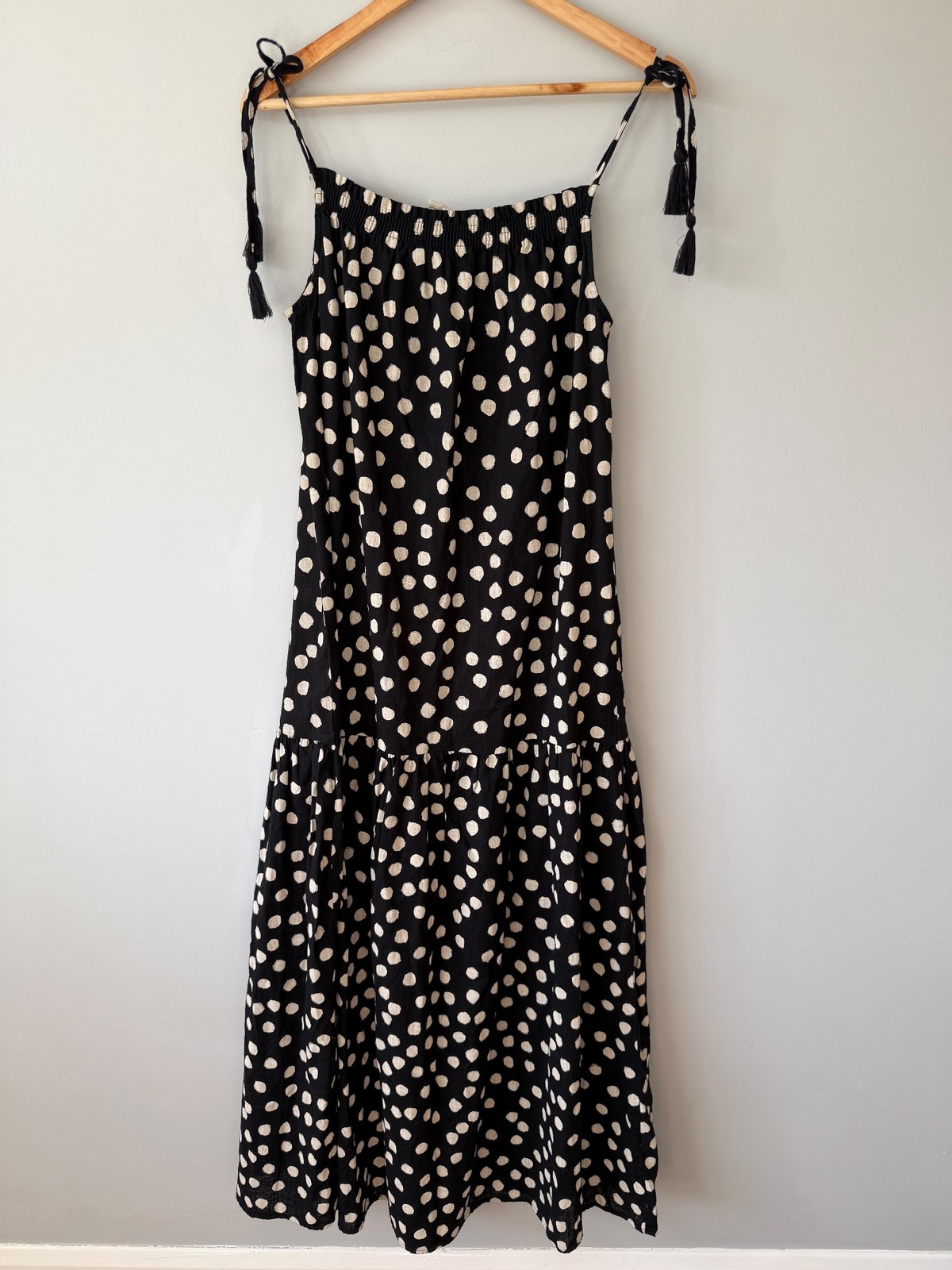 Next Black Beige Polka Dot Linen Cotton Midi Dress UK 10 Tassel Strap BNWT