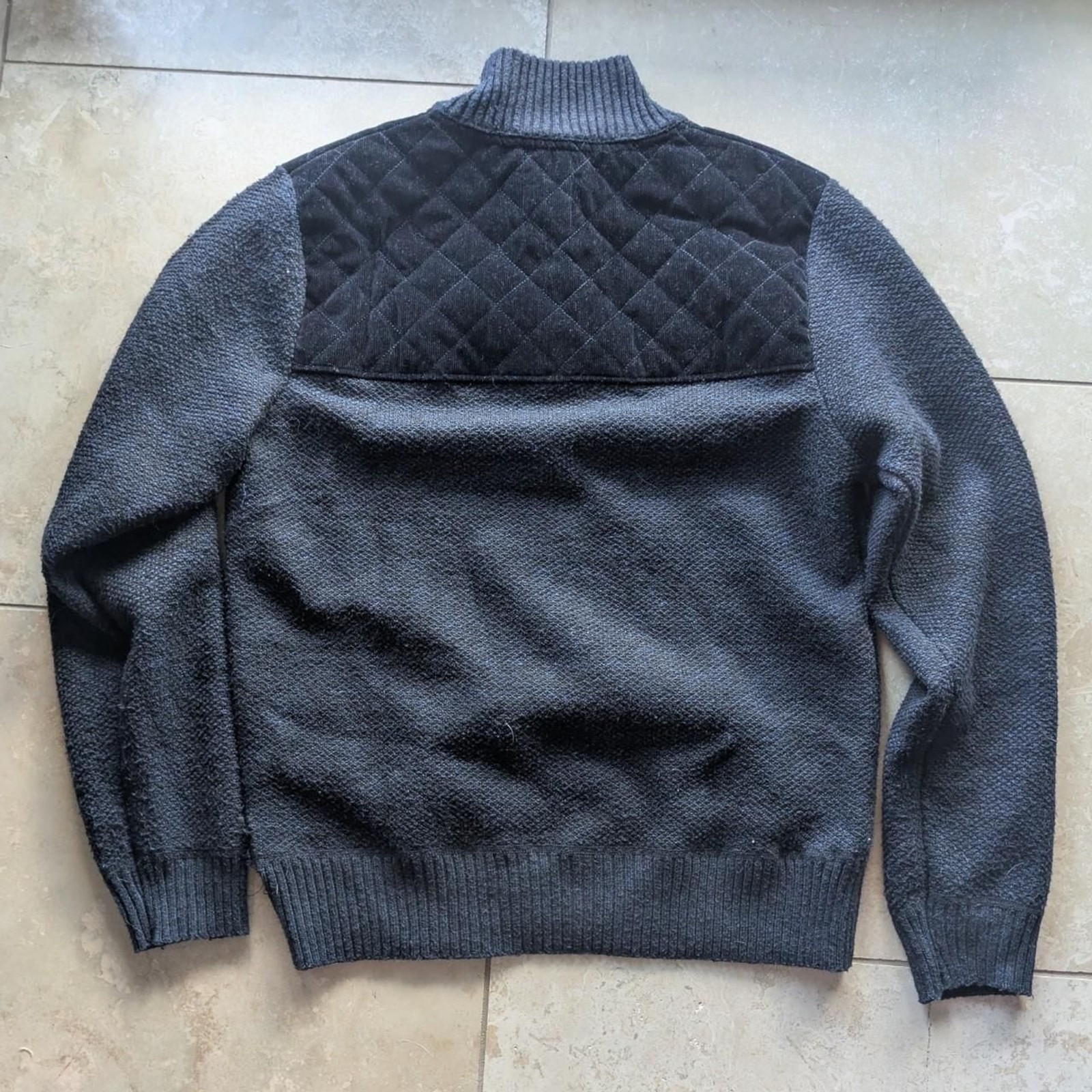 Scott James charcoal grey quarter zip sweater with quilted shoulder panels and p