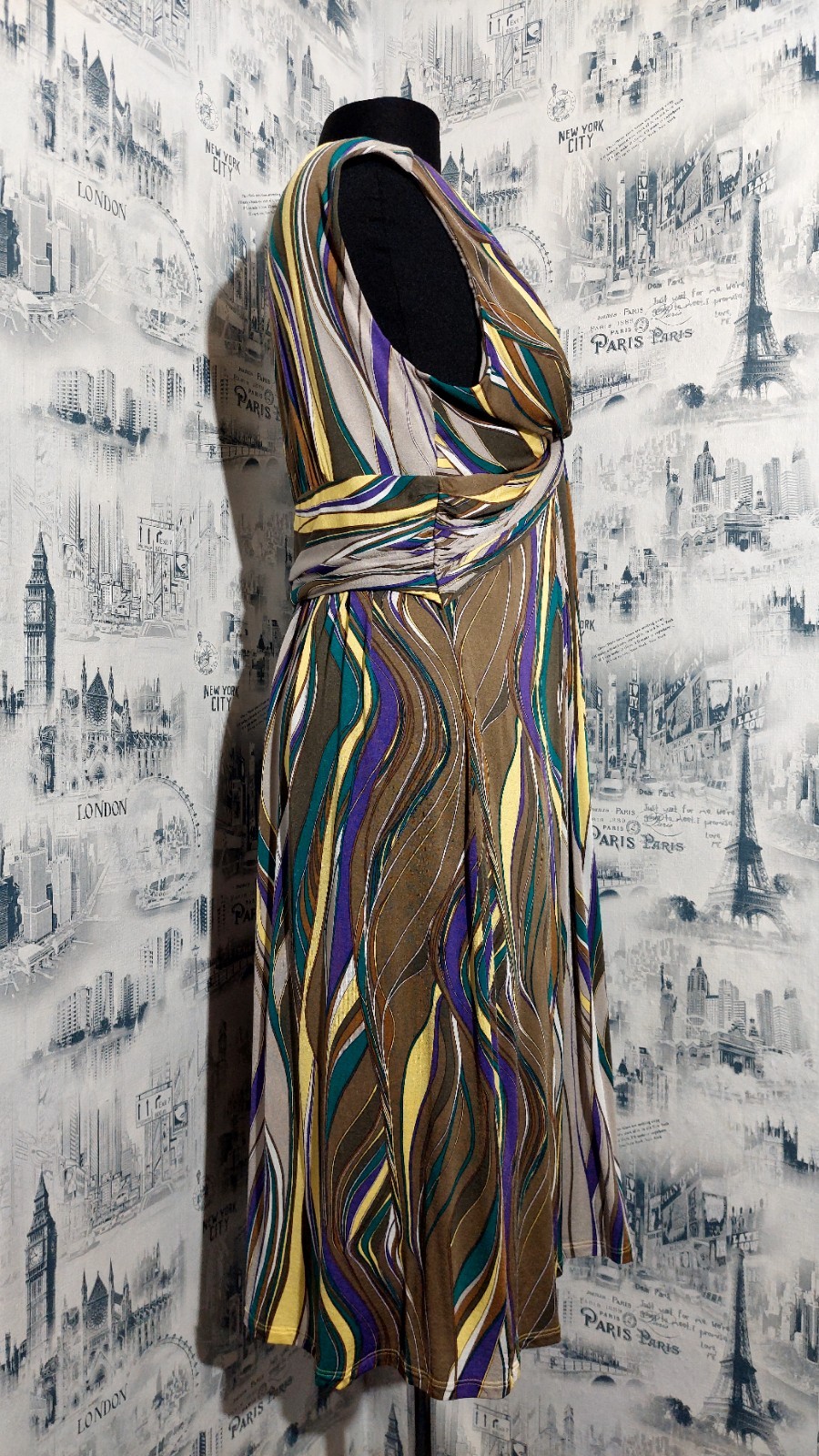 ​Max Mara Studio Vacillo Knotted Dress XL Abstract Swirl V-Neck Sleeveless Knee