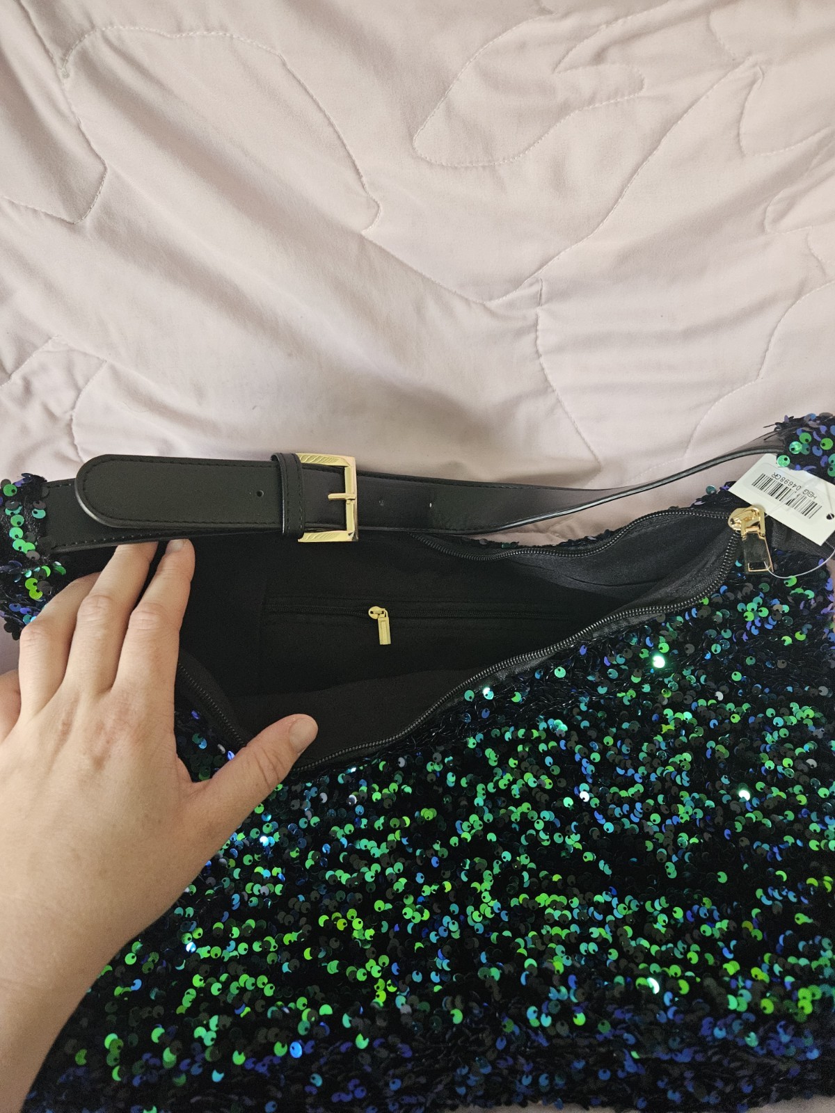 NWT Blue Green Mermaid Sequin Shoulder Bag Hobo Purse Adjustable Strap Zip Top