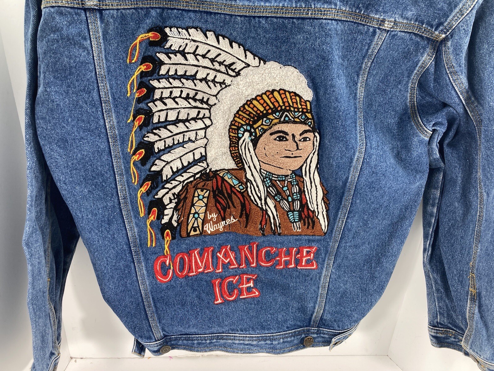 Comanche Chief Denim Trucker Jacket Men Size Small Embroidered Button VTG Unique