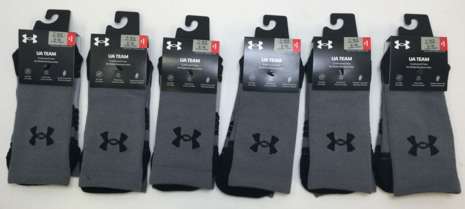 UA Team Cushioned Crew Socks, M 7-8.5, W 6-10, Graphite (6PK)