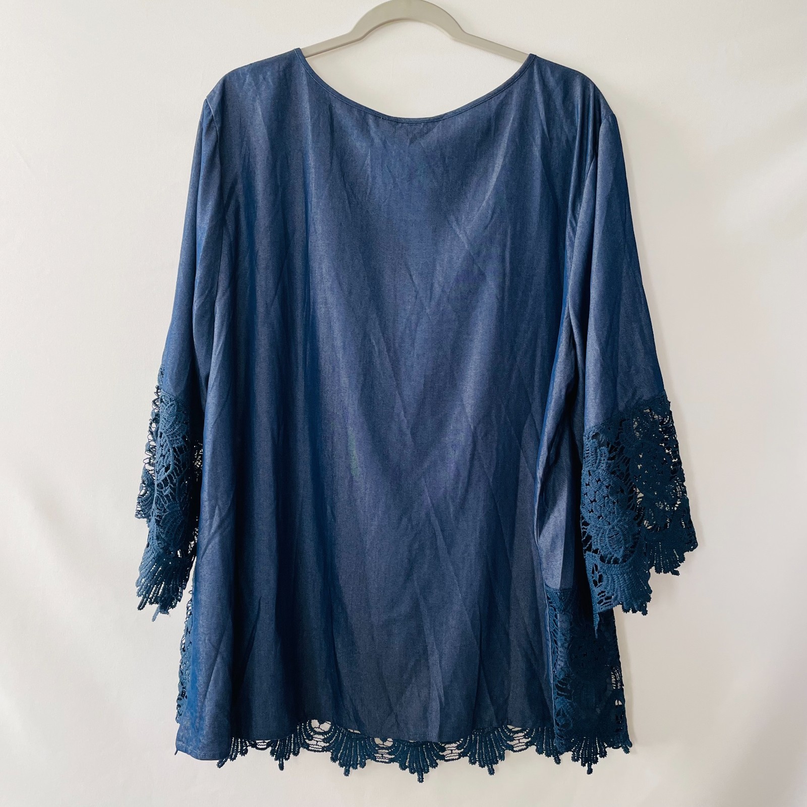 NWT Unique Spectrum Womens Navy Blue Scoop Neck Lace Trim Boho Blouse Top Sz 3X