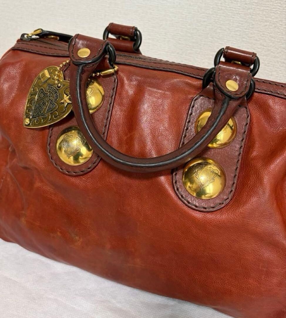 GUCCI Red Leather Boston Bag Vintage Studded Heart Charm Womens Handbag 71