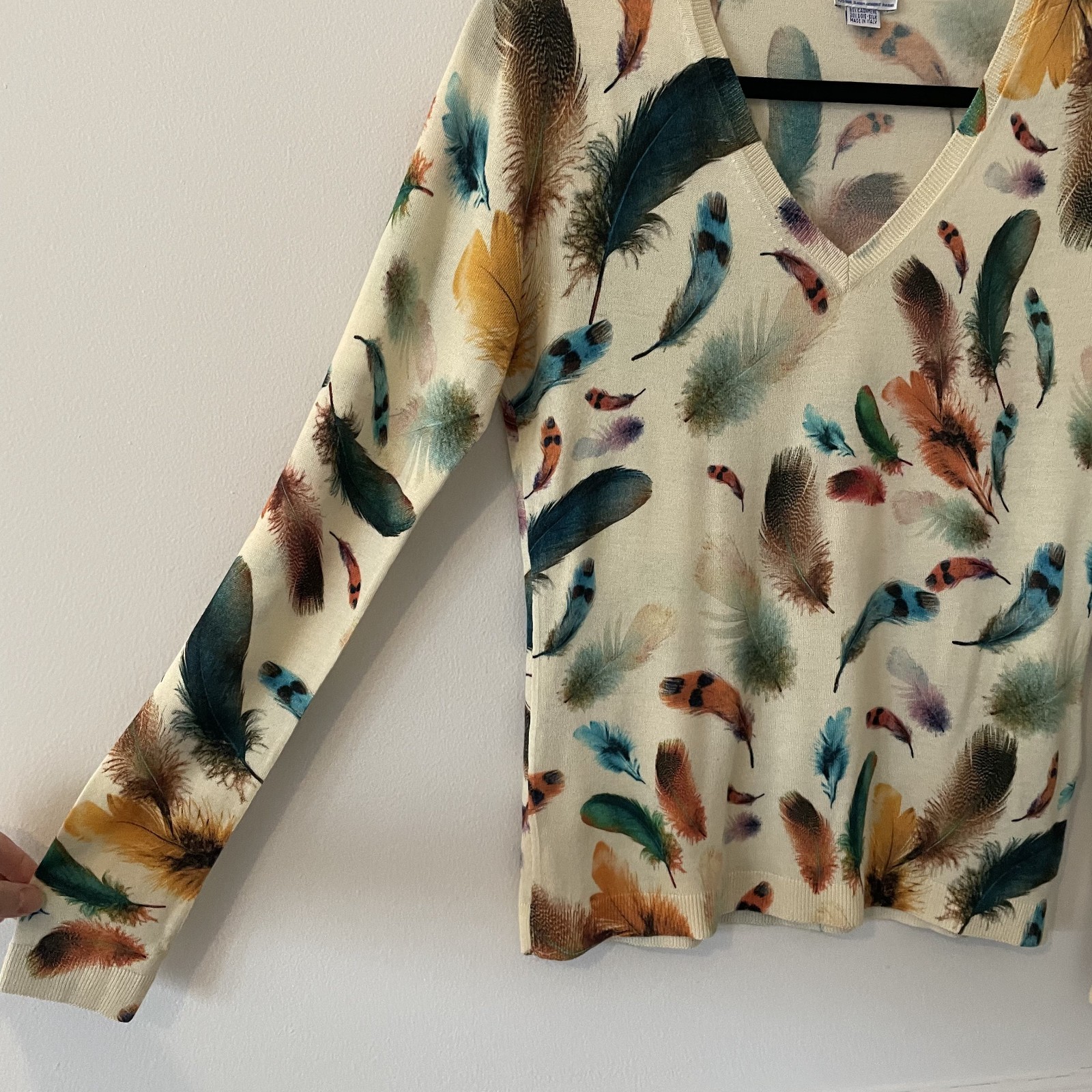 Richard Grand Cashmere Silk Feather Printed Knit Sweater Size S Novelty Luxury
