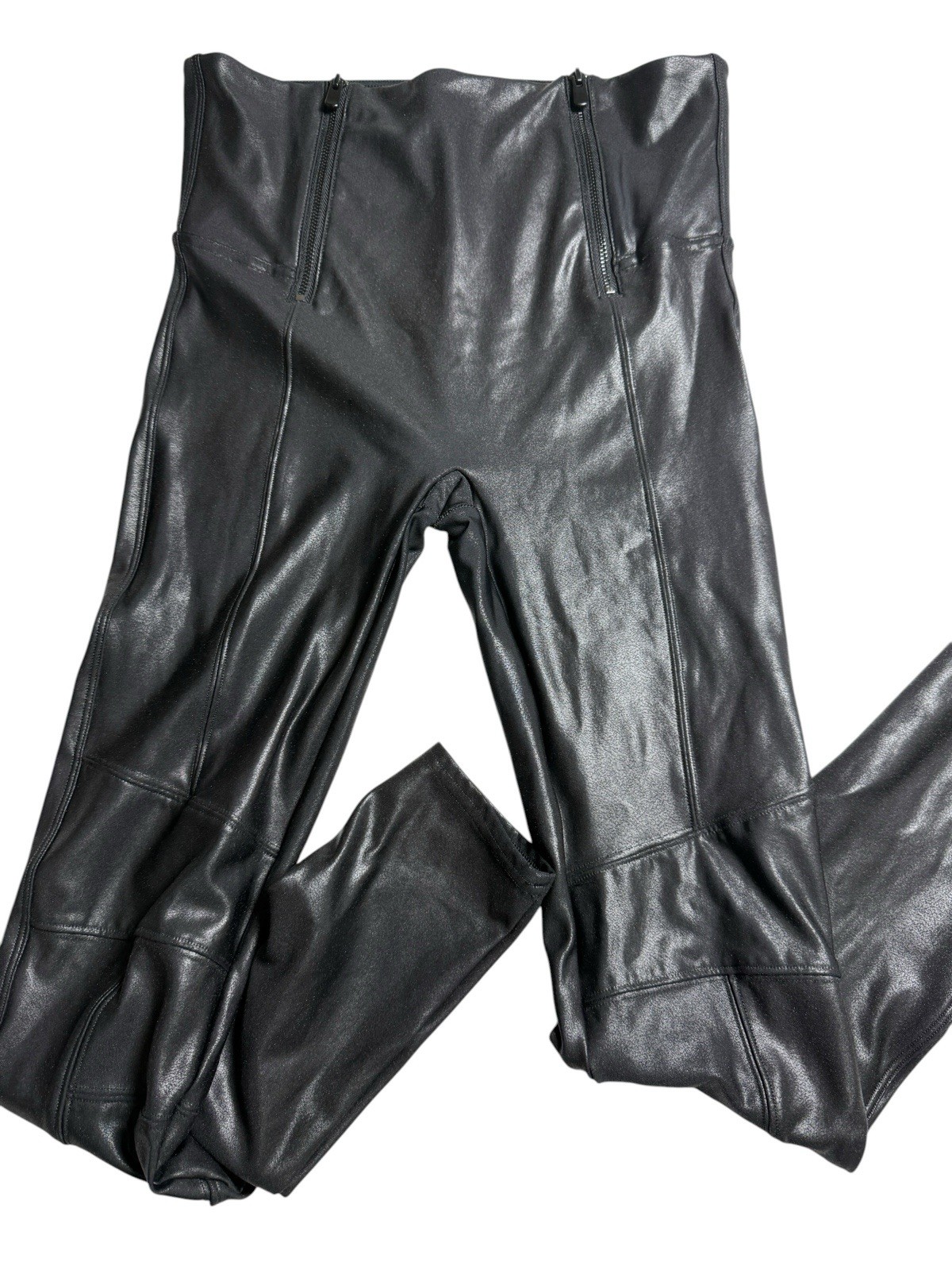 Spanx Faux Biack Leather Woman’s Large Leggings Classic Front Zippers Skinny