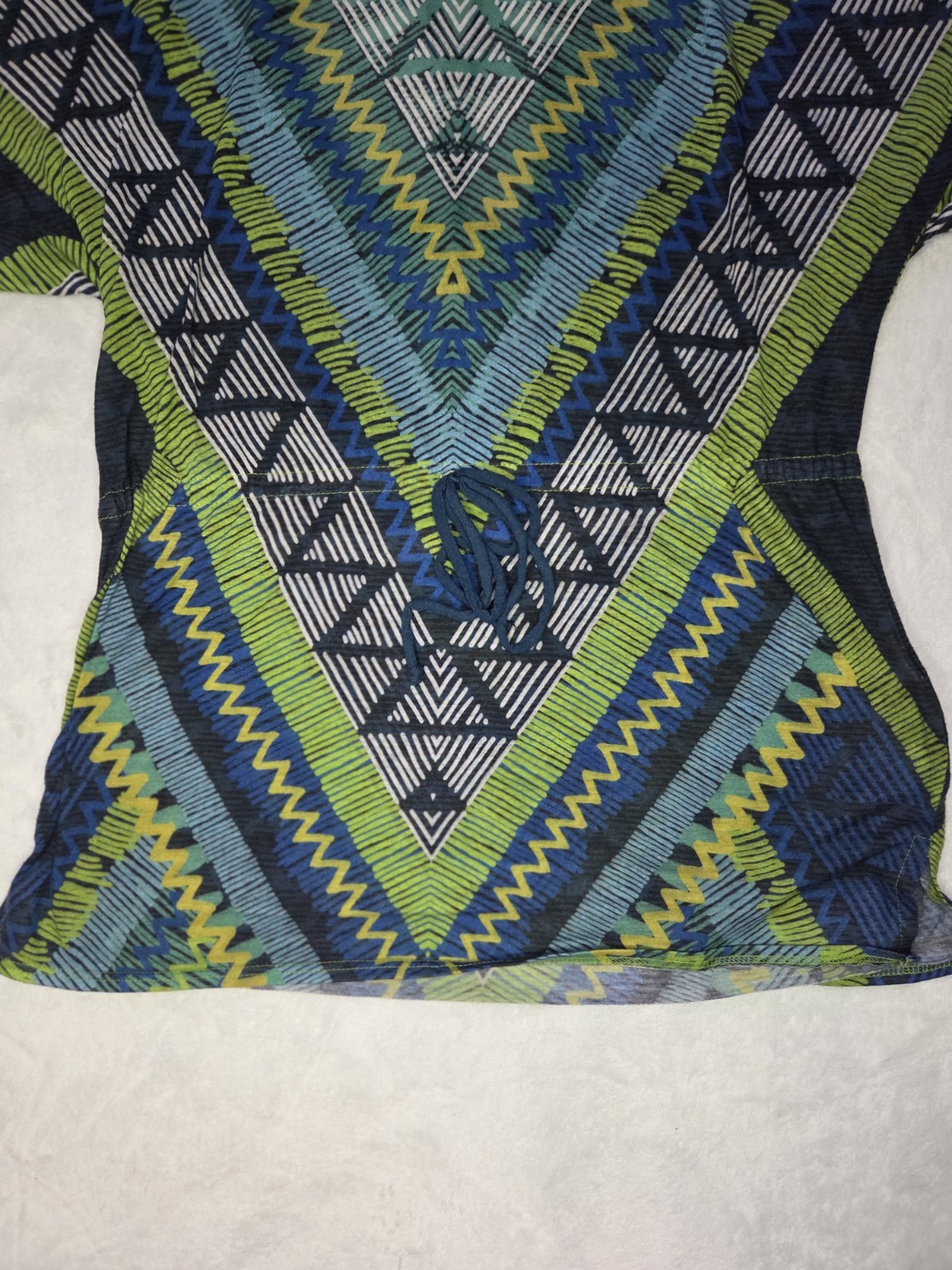 prAna Saida Kaftan Tunic Cover Up Green Teal Aztec Geometric Tissue Jersey S