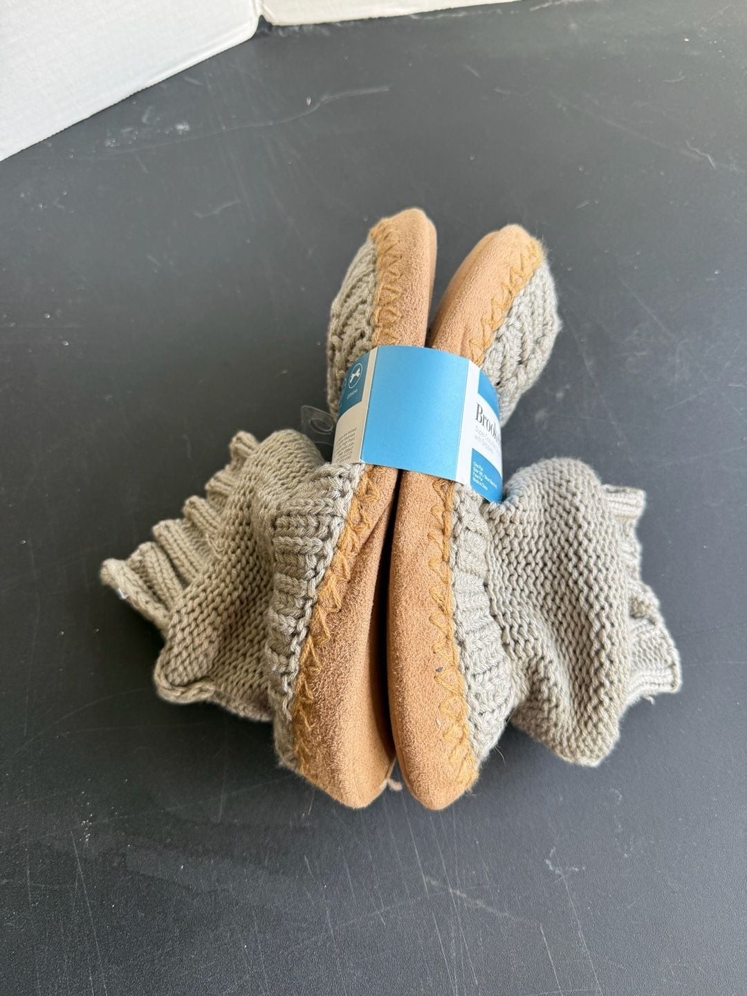 Brookstone Super Cozy Knit Slipper Sock with Grippers Memory Foam Gray Tan