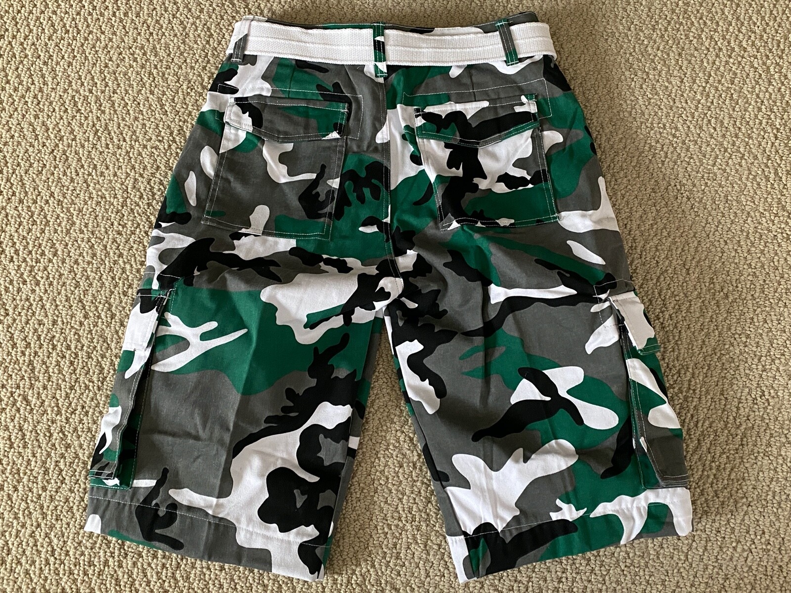 NWT Men’s Nathan Green White Camouflage Camo Belted Cargo Pocket Shorts ALL SIZE