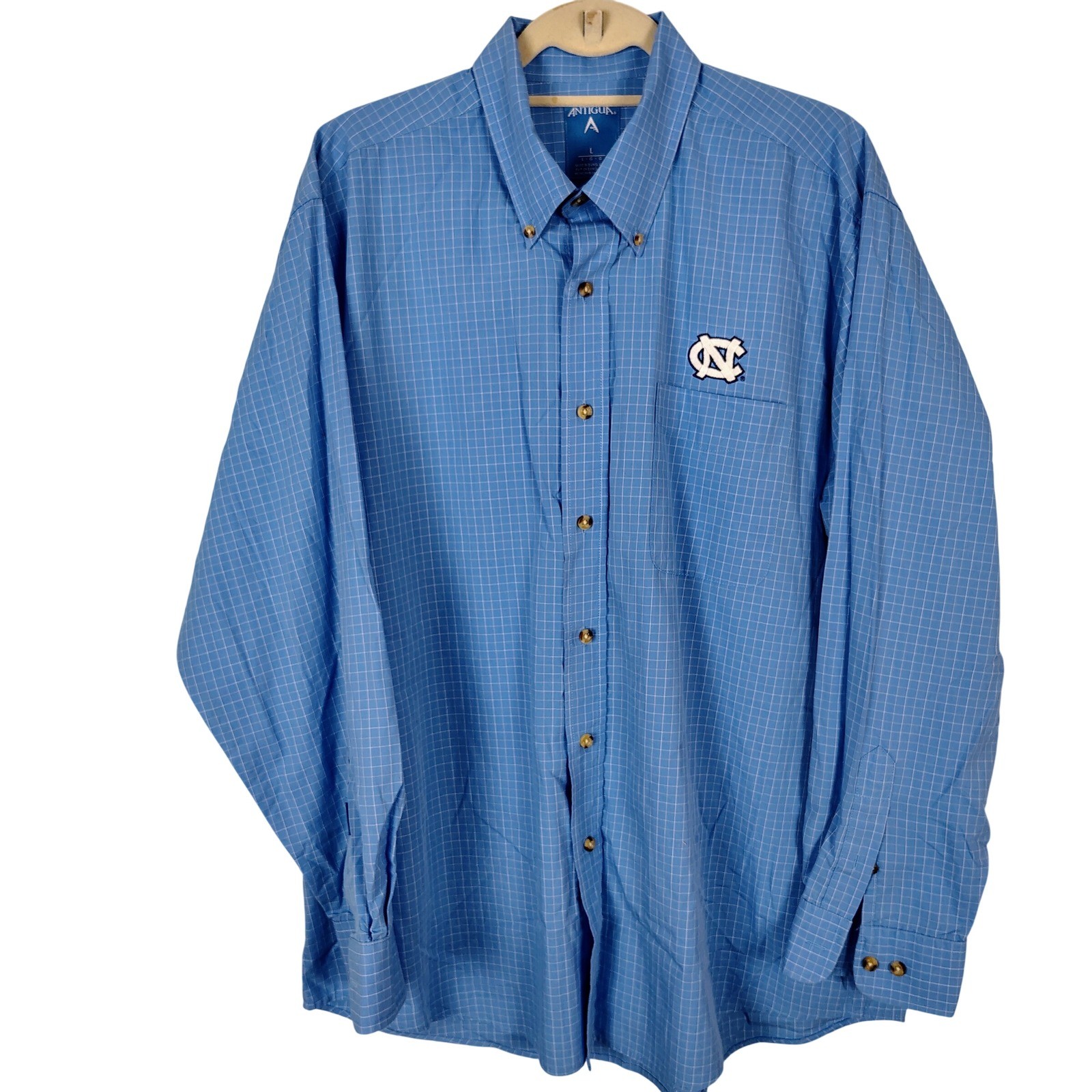Antigua UNC Tar Heels Mens Large Blue Grid Button Down Shirt North Carolina NCAA