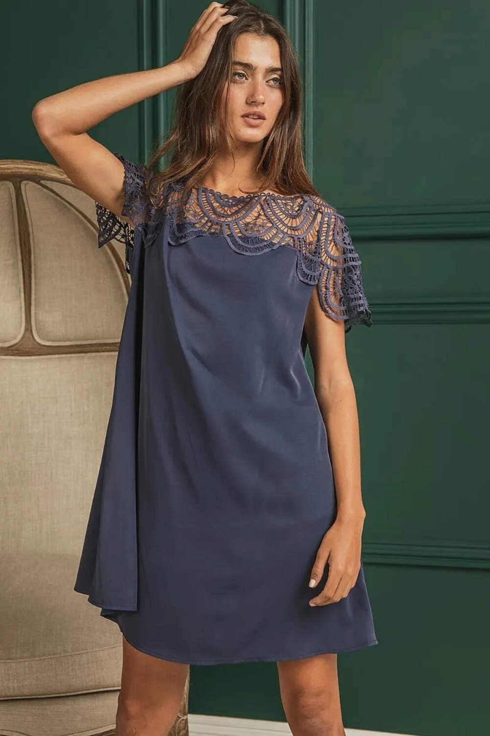 Crochet Lace Yoke Detailed Wrinkled Dress
