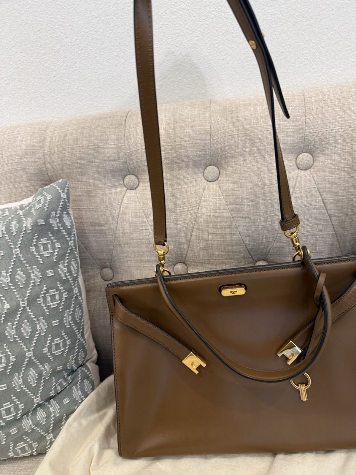 Tory Burch Lee Radziwill Leather Top Handle Satchel-Large in Moose w gold HW