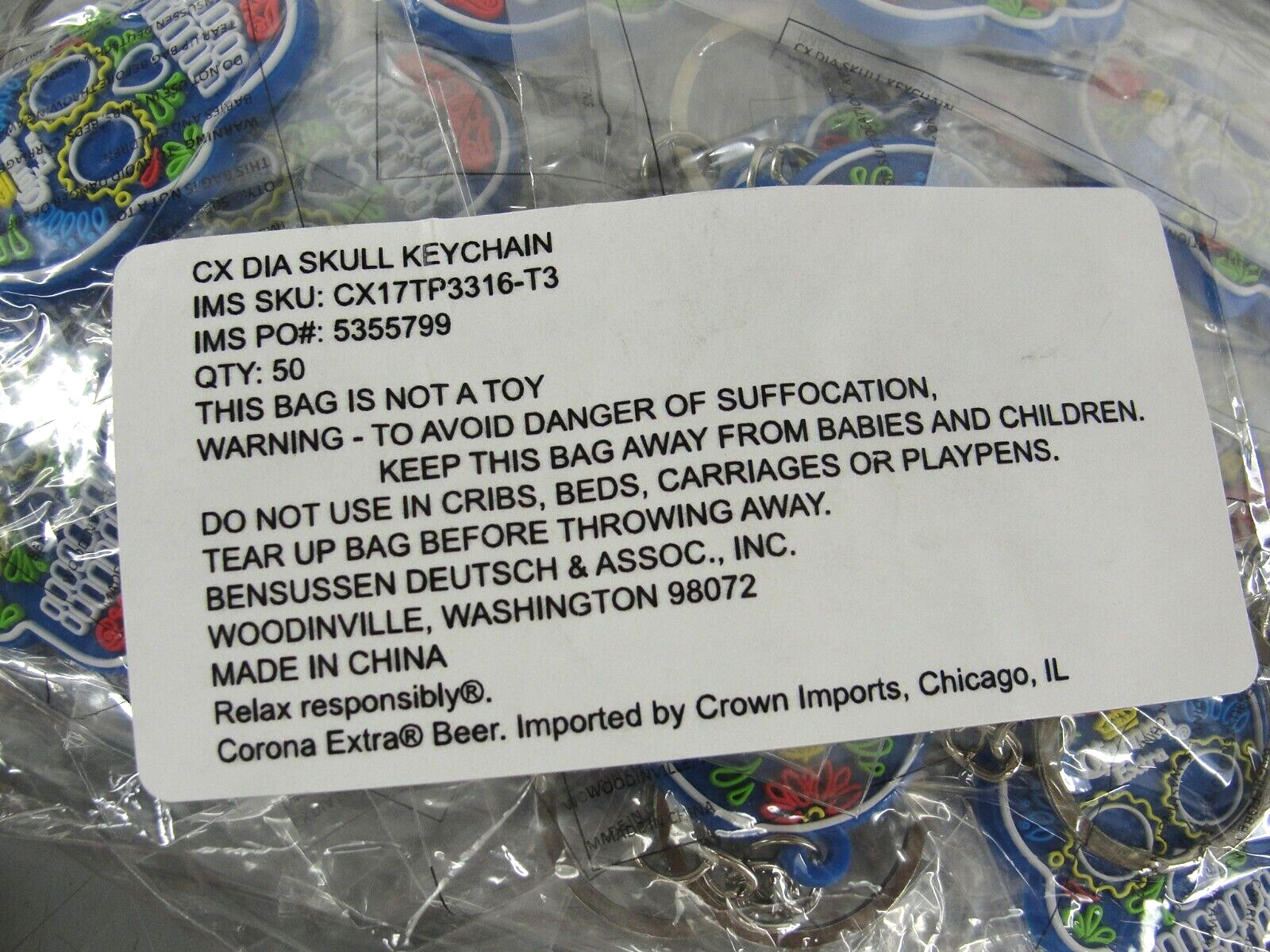 WHOLESALE RETAIL BOX LOT 200 CORONA EXTRA SUGAR SKULL KEYRING KEY TAG CHARM FOB