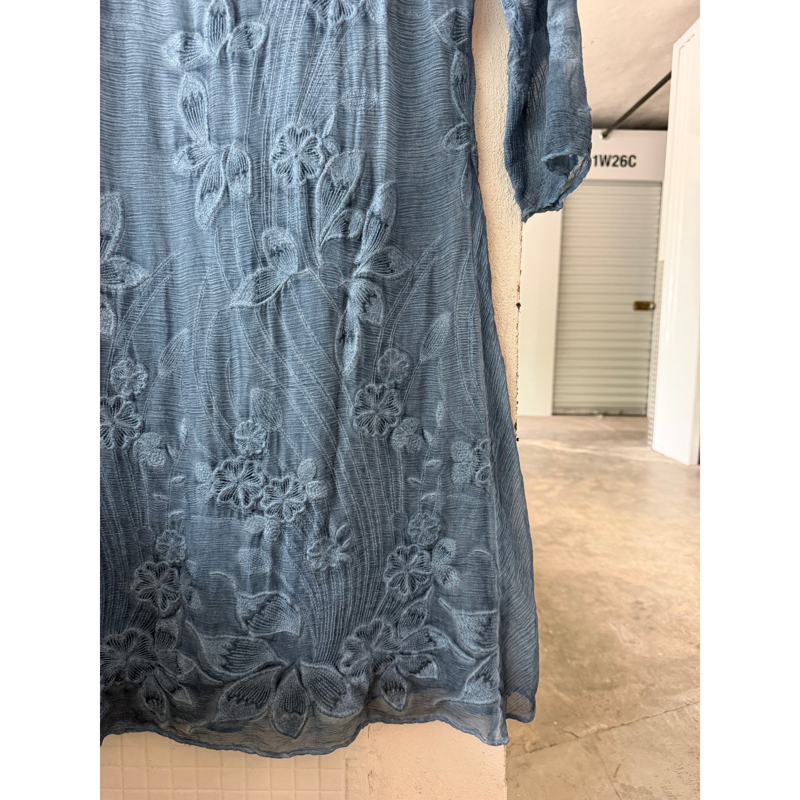 Soft Surroundings Blue Silk Floral Embroidered 3/4 Sleeve Lined Dress XS 2EY63