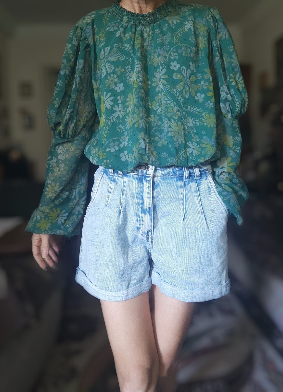 Free People Clarissa Floral Smocked Crop Blouse Top Teal Green Boho Size XS