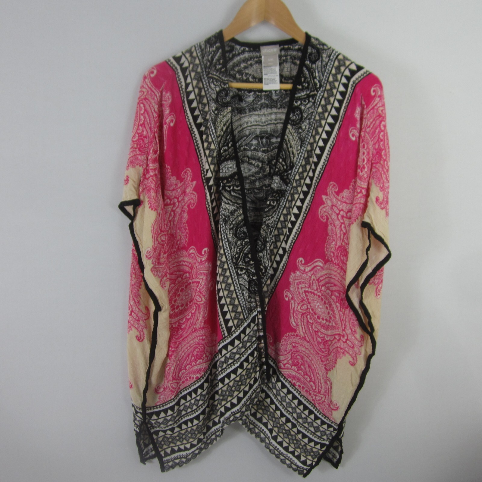 Chicos S / M Pink Black Beige Embroidered Open Front SS Cardigan Boho Paisley