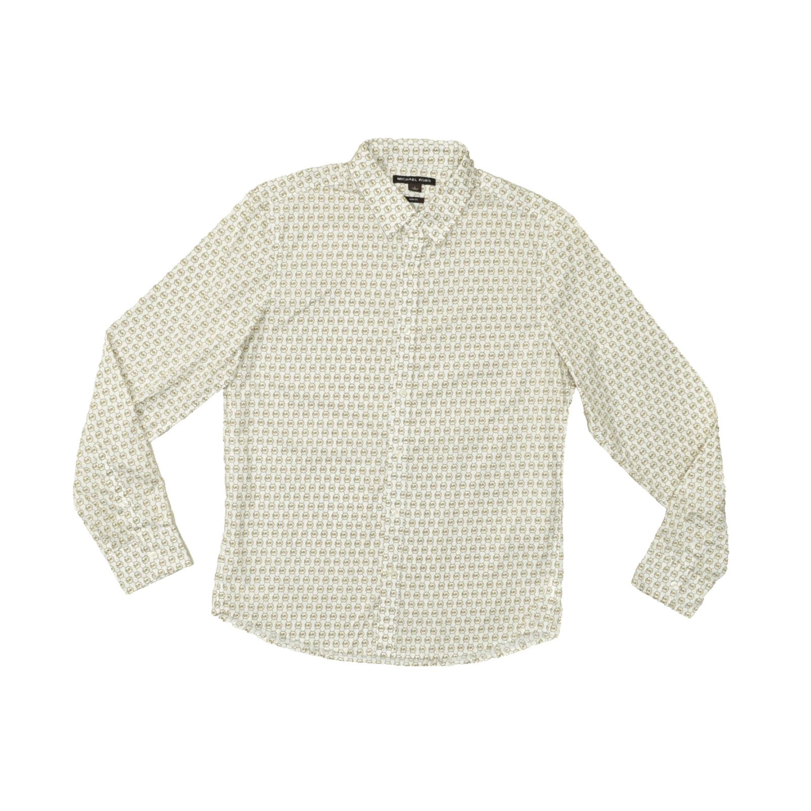 Michael Kors Mens Large Slim Fit Button Down Shirt White Brown MK Monogram Logo