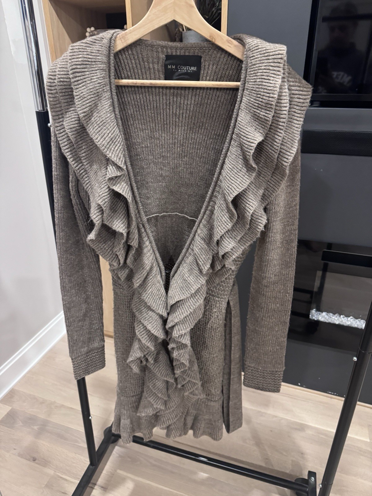 Small Taupe Ruffle Front Wool Blend Knit Cardigan Sweater