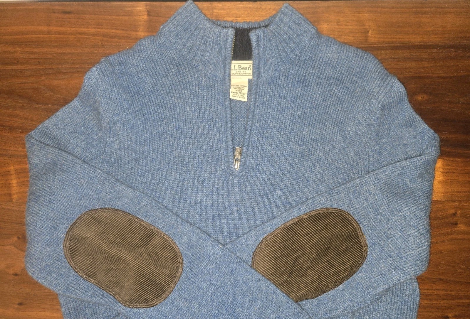 LL Bean Sweater Mens Medium Blue Shetland Wool Corduroy Elbow Patches 1/4 Zip