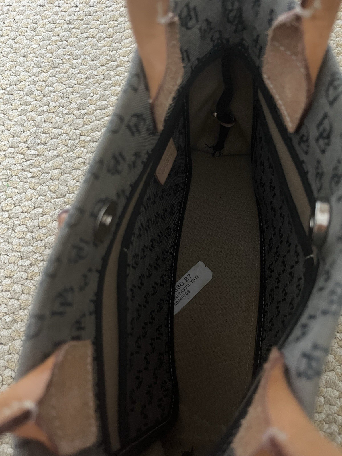 Dooney & Bourke Mini Tote, Gray Black Monogram, Tassel Charm, Lined Pockets