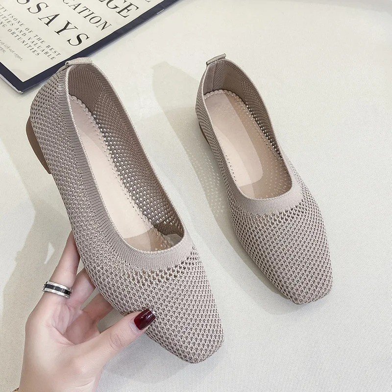 Women Breathable Mesh Flats Square Toe Slip On Soft Sole Casual Walking Shoes