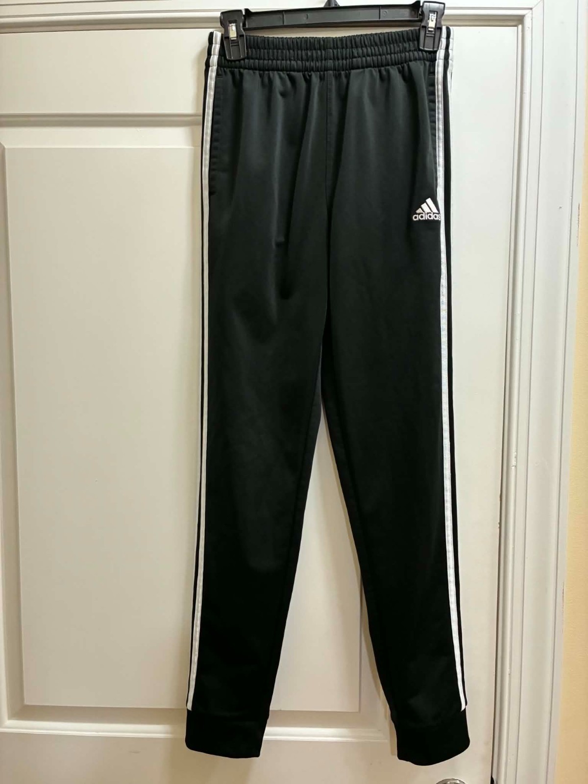 Adidas BoysLarge Black Tapered Track Pants 3 Stripe Athletic Joggers Soccer