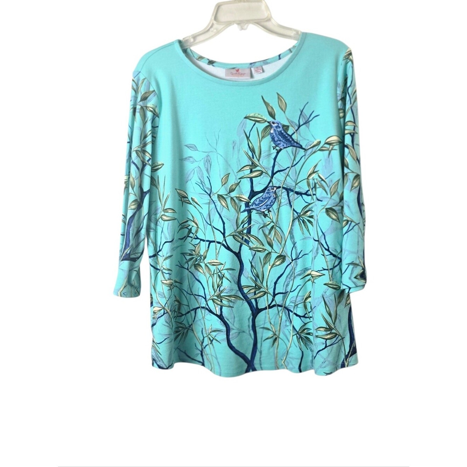 Quacker Factory Jean Bice Bird Print Cotton Tunic XL Aqua Botanical Nature Art