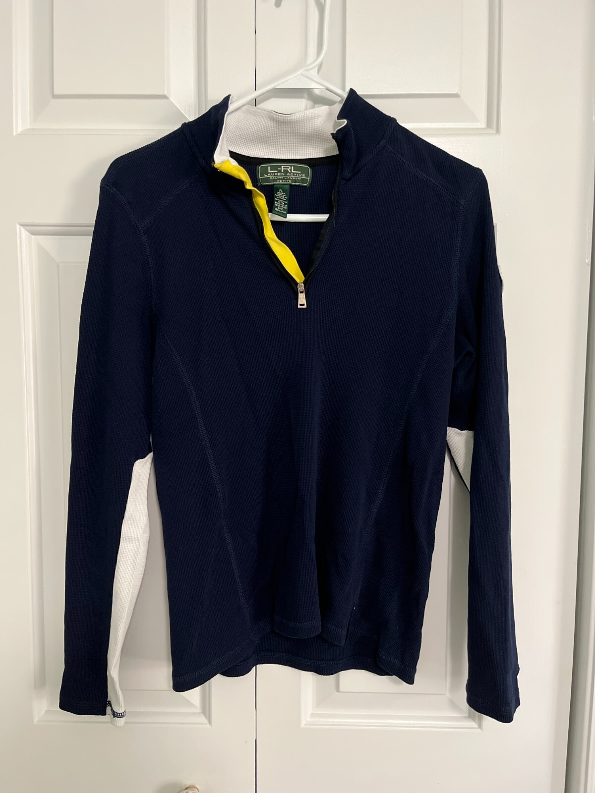 Ralph Lauren Active wear pullover Womens Petite Large Navy Yellow Logo Ladies