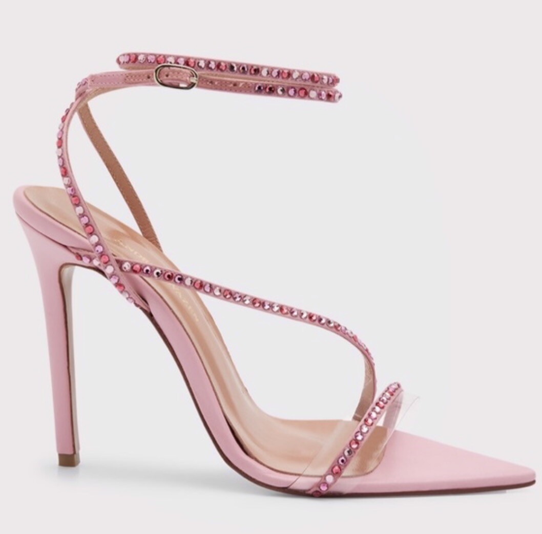 Andrea Wazen Dassy Crystal Pink Leather Heeled Satin Sandals Size 39