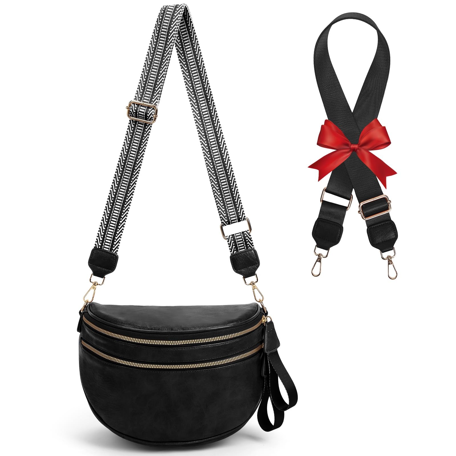 Leather Crossbody Fanny Pack Trendy Bum Bag Double Zip Multi Compartment with…