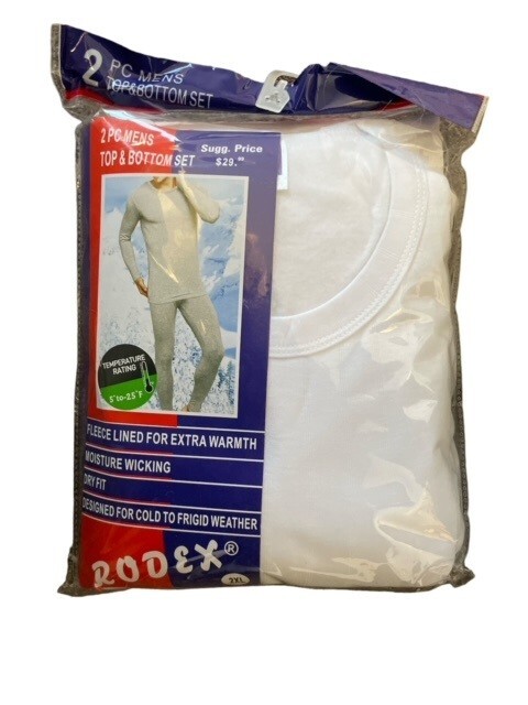 Rodex 2 PC Men’s White 2XL Fleece Lined Top & Bottom Set Thermal Underwear Warm