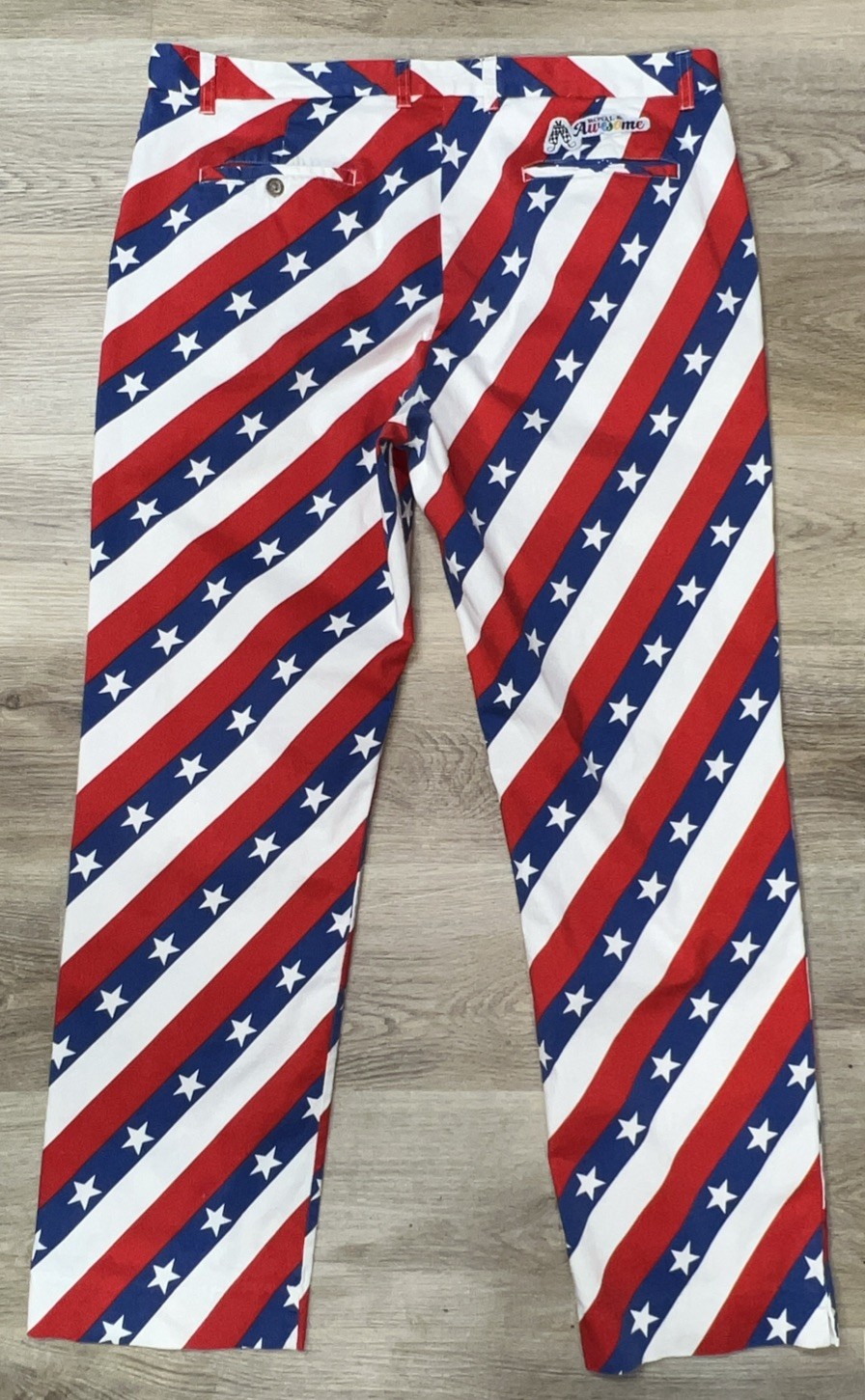 Royal & Awesome Pars and Stripes Trousers Golf Pants 40×32 Stars Red White