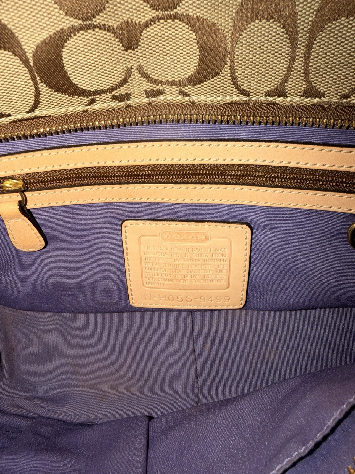 Coach Patchwork Signature Canvas Tote Bag Brown Purple Beige Zip Closure