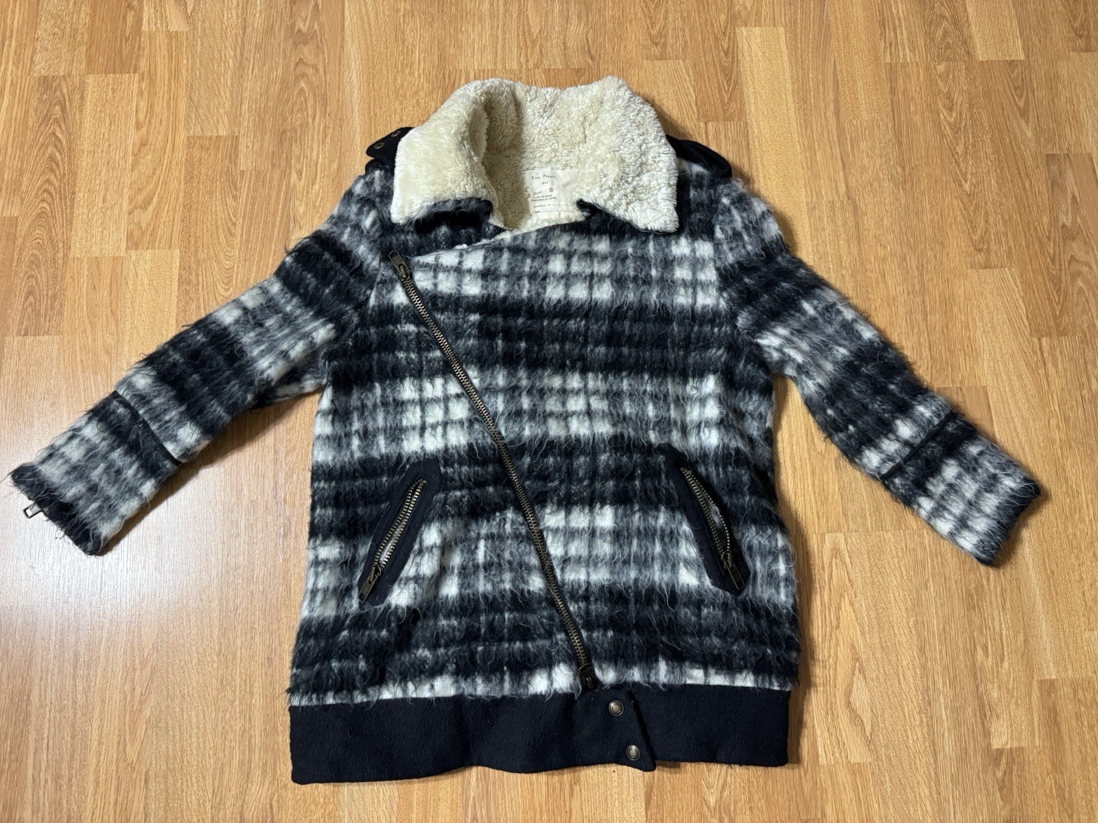 Free People Plaid Sherpa Moto Jacket Coat Size Small FP