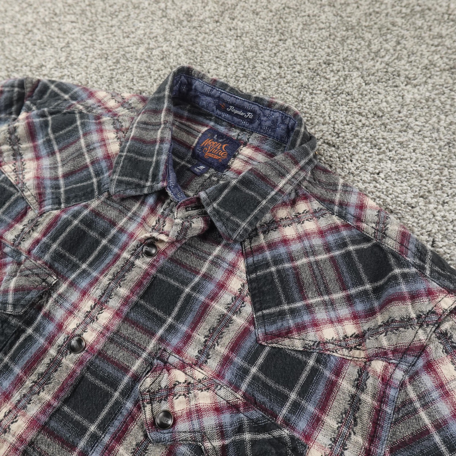 Moon Shine Spirit Shirt Mens M Gray Plaid Western Snap Flannel Button Up Cowboy