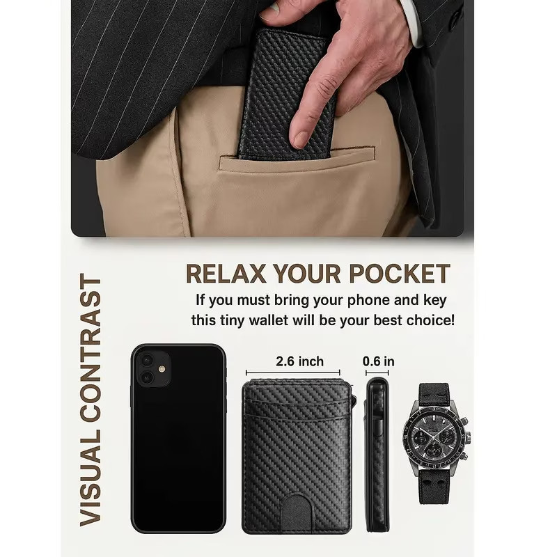 RFID Blocking Carbon Fiber Wallet, Pop Up Card Holder Slim Bifold, Money Clip