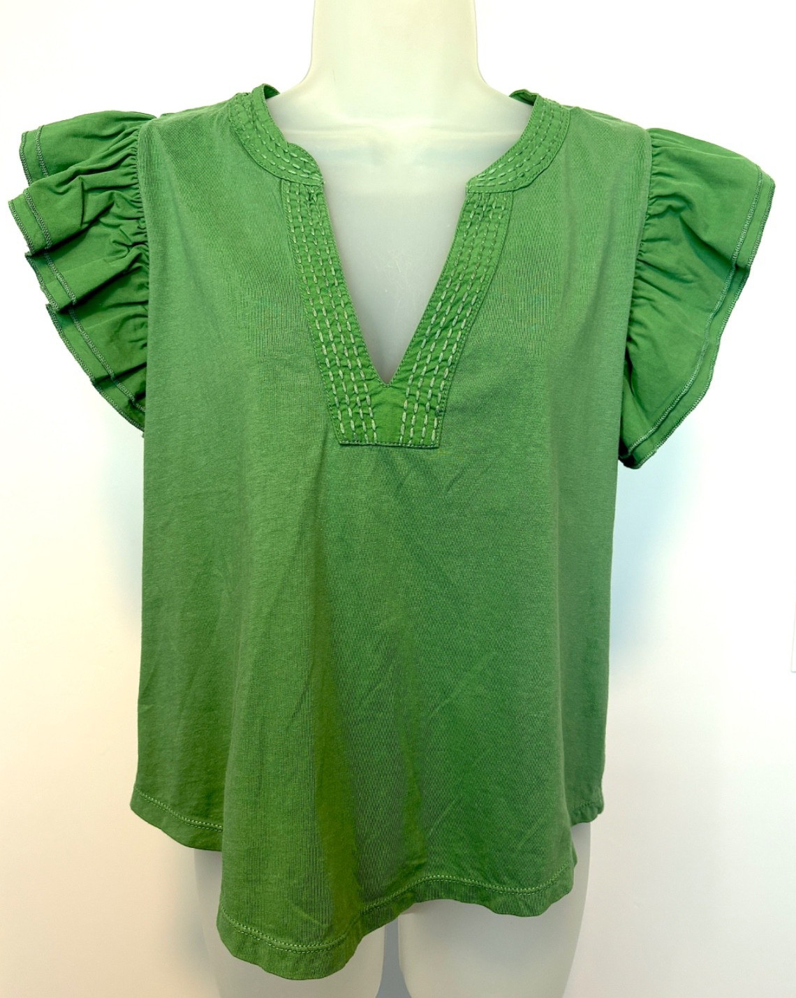 Maeve by Anthropologie Flutter Sleeve Preppy Casual Green Ruffle Blouse Sz M