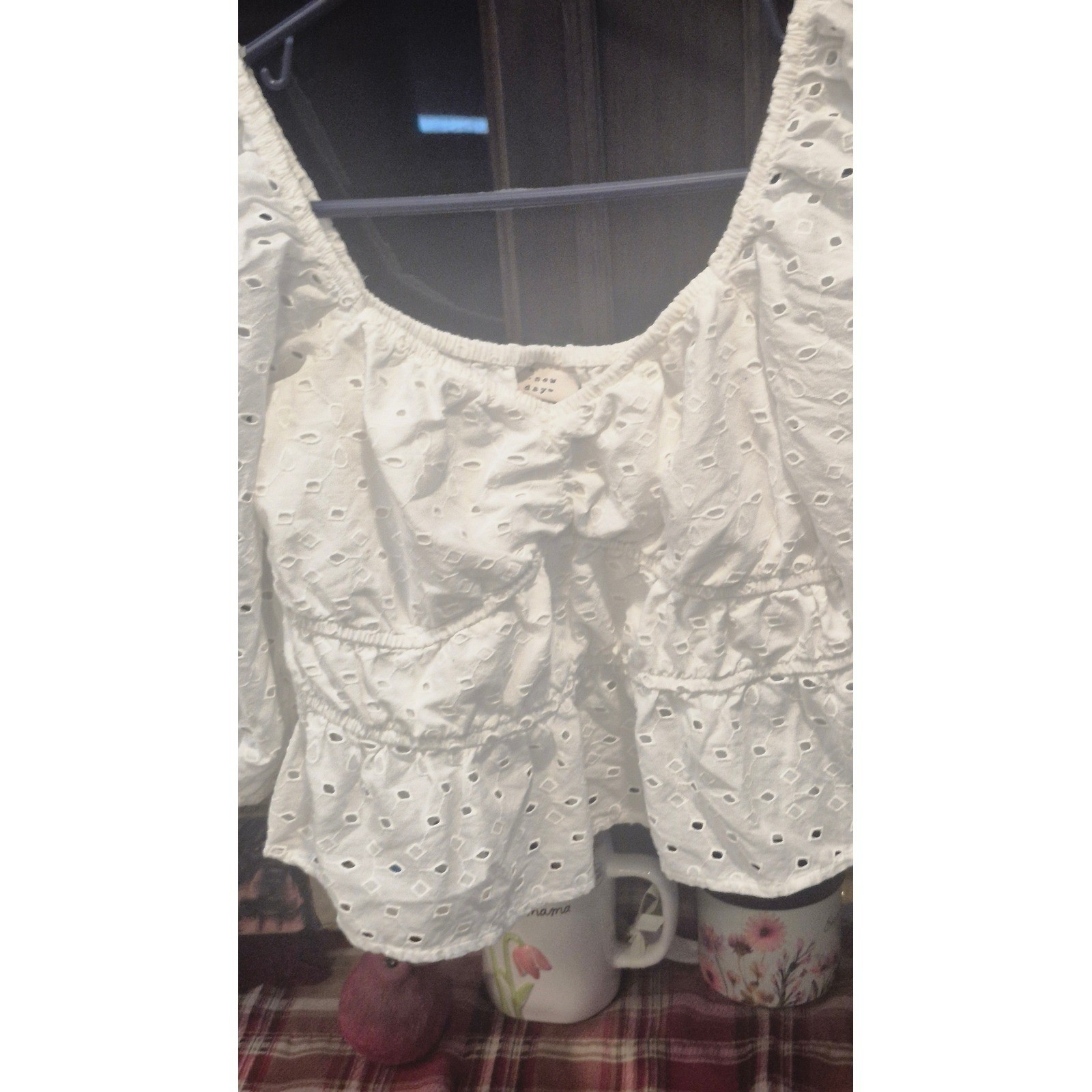 A New Day White Eyelet Puff Sleeve Peplum Top Square Neck 100% Cotton Blouse S
