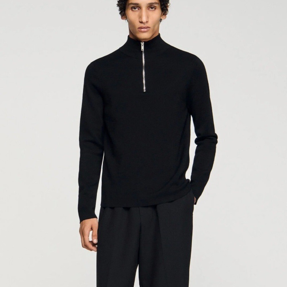 Sandro Black Quarter-Zip WOOL men’s SWEATER WITH ZIPPED COLLAR