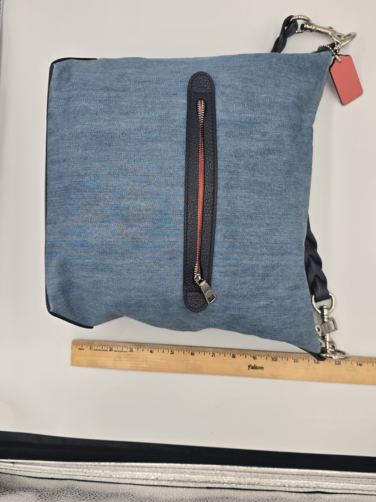 COACH 91452 Abby Duffle Shoulder Bag Light Blue Denim Navy Leather Trm Coral Int