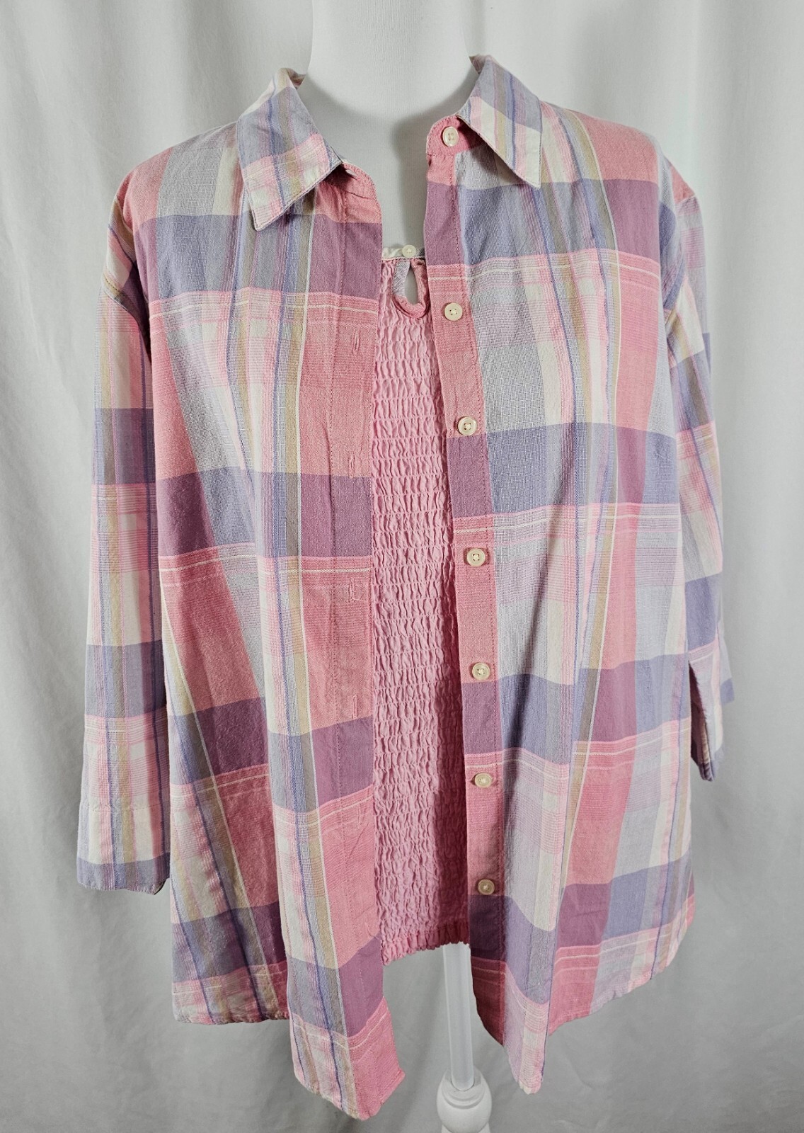 Angeligne Womens 2 Piece Blouse Tank Pink Blue Ivory Plaid Cotton Spandex 2X
