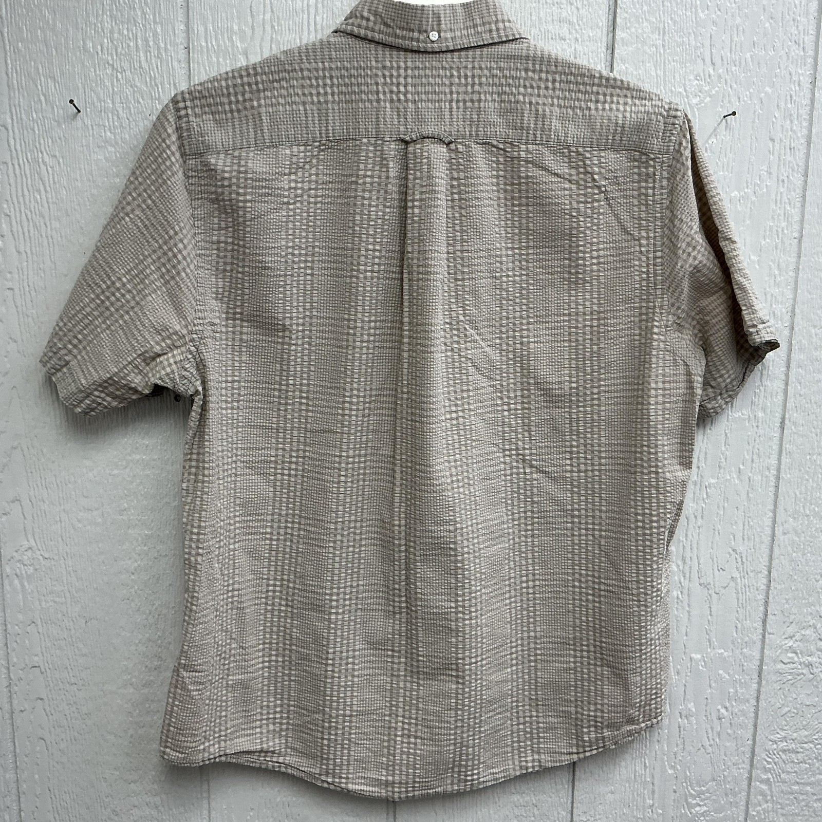 Lands’ End Shirt Mens Large Beige Check Short Sleeve Seersucker Cotton Casual