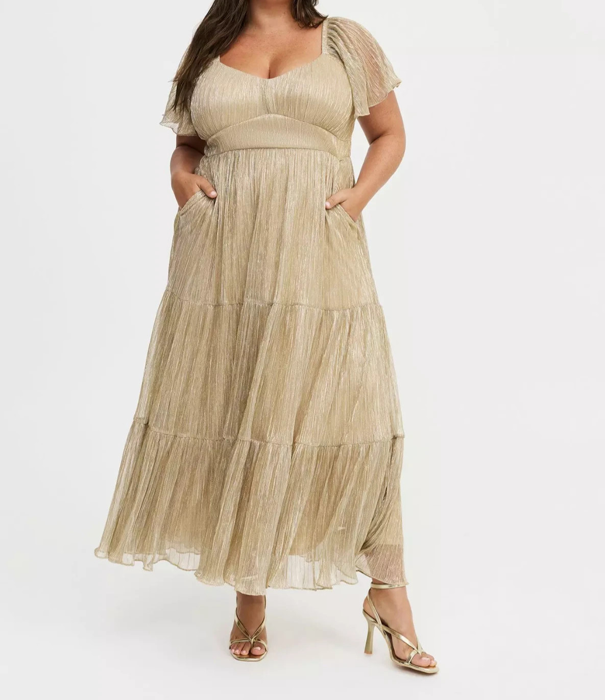 Torrid Glitter Flutter Sleeve Maxi Dress Champagne Silver 1 1X 14 16 #J65745
