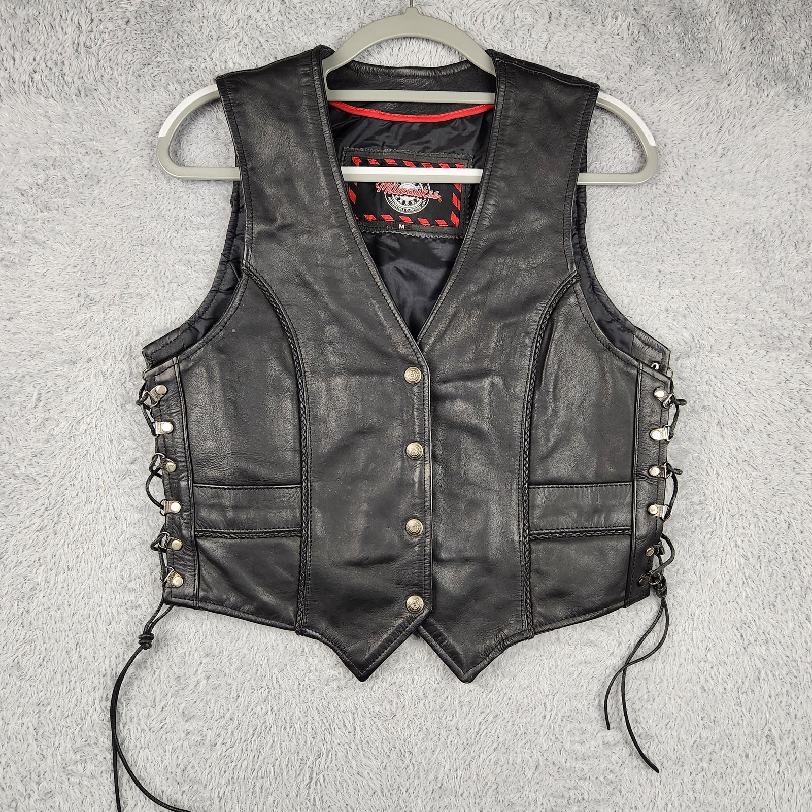 Milwaukee Leather Vest Womens Medium Black Snap Lace Up Biker Motorcycle Riding