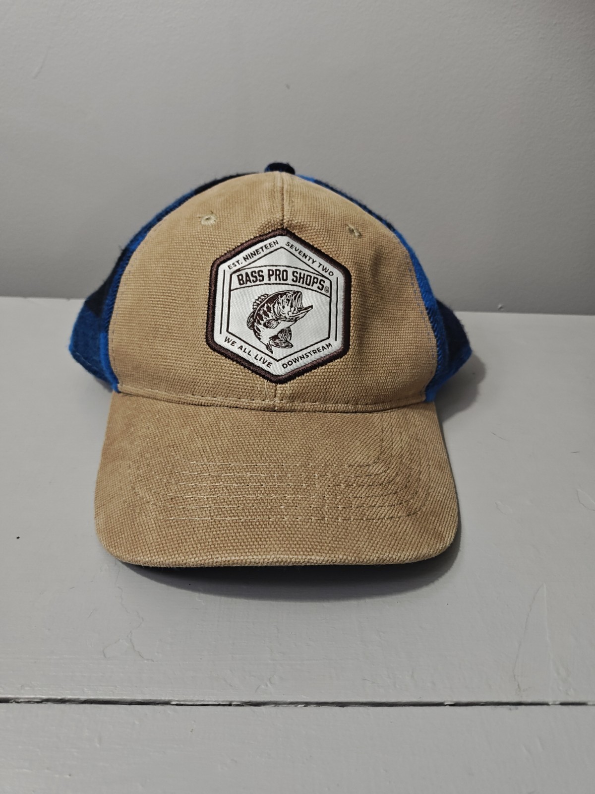 Bass Pro Shops Trucker Hat Snapback Khaki Tan Blue Black Plaid Flannel Cap OSFM