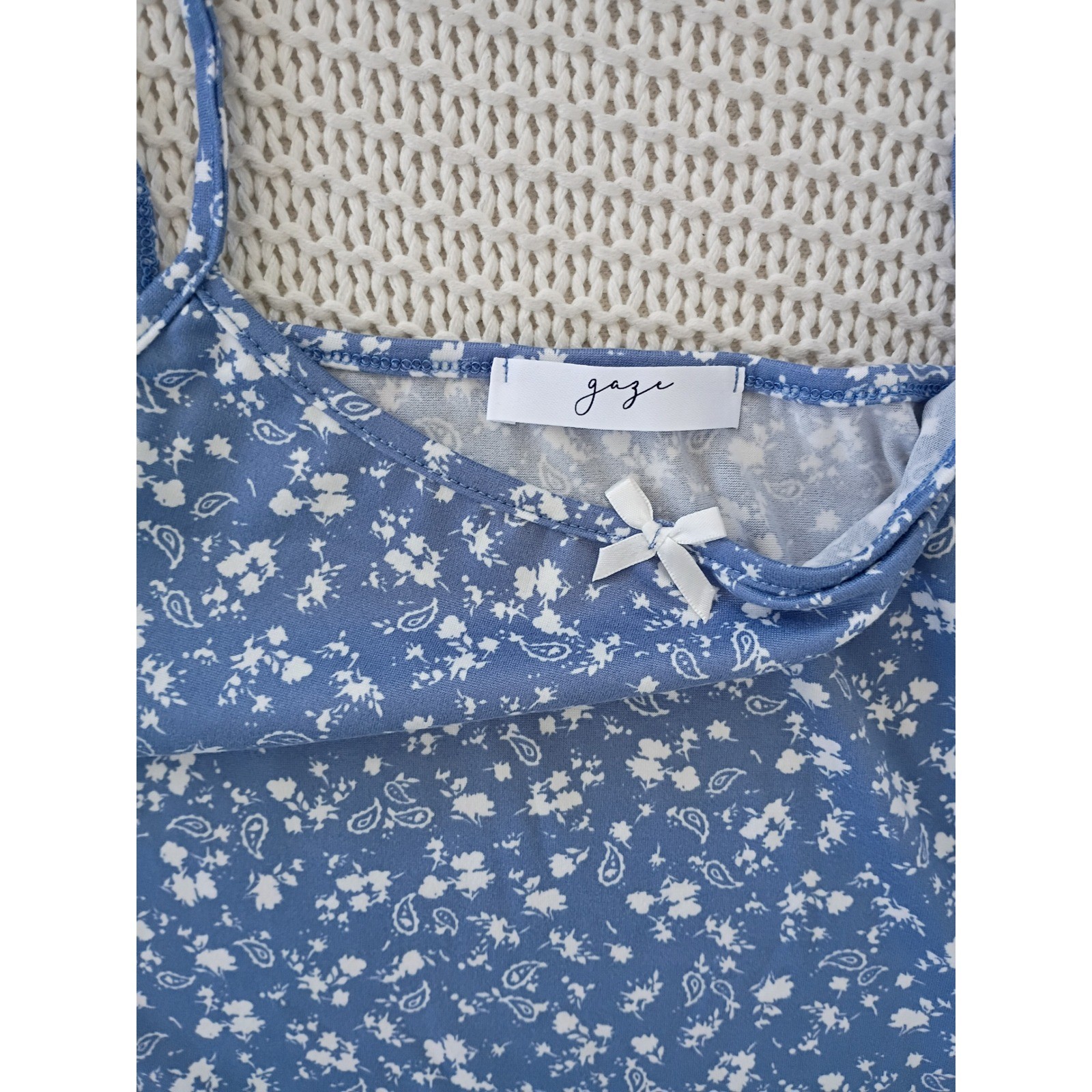 Gaze Blue Floral Paisley Camisole Bow Lettuce Hem Crop Top S Fairycore